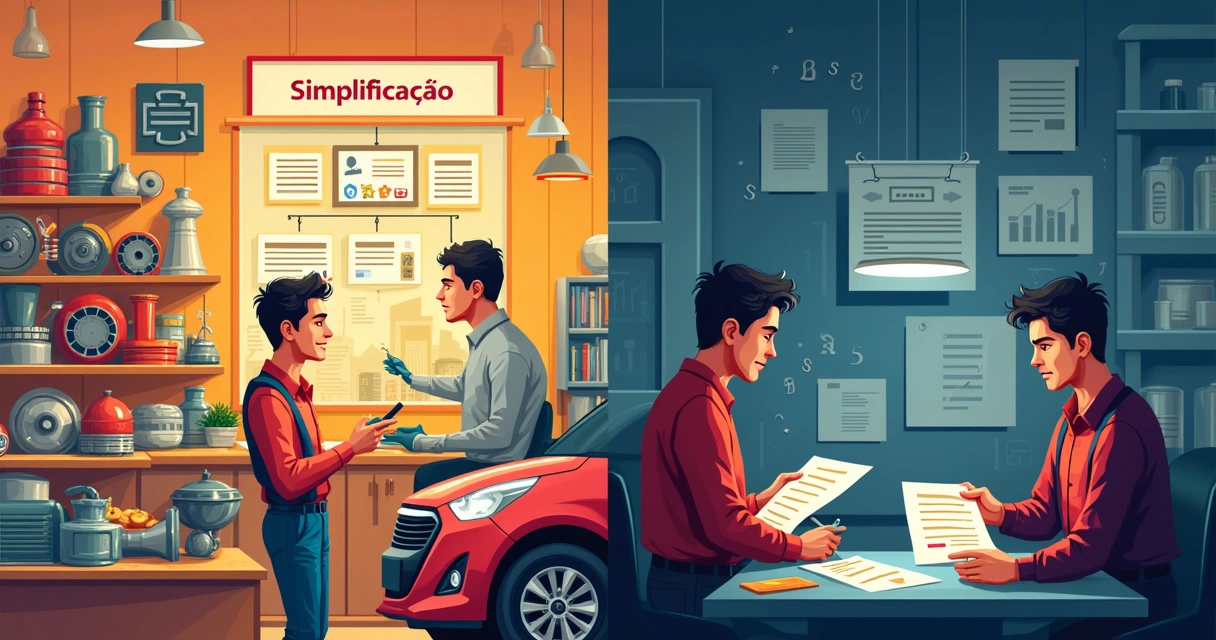 Ilustração dos prós e contras do regime monofásico para autopeças, mostrando simplicidade e desafios fiscais.