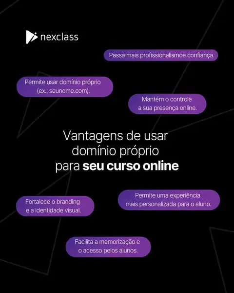 Vantagens de usar domínio próprio para curso online em texto com balões roxos.