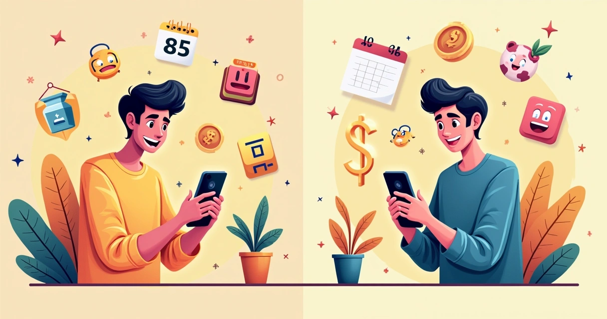 Jogador feliz usando aplicativo Cash Giraff à esquerda, usuário frustrado com anúncios à direita.