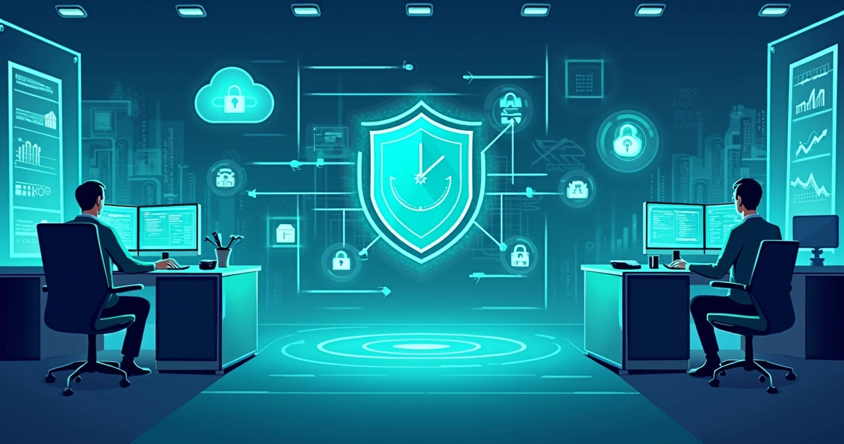 Ilustração de um escritório futurista com telas digitais, mostrando como o edge computing melhora segurança e eficiência.