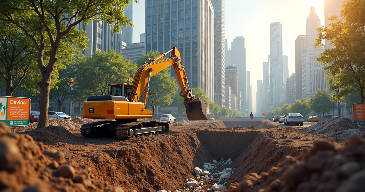 Obra urbana destacando benefícios ambientais e técnicos da estaca raiz. 