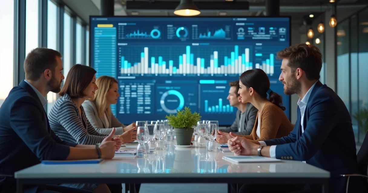 Equipe imobiliária planejando estratégias com IA ao fundo 