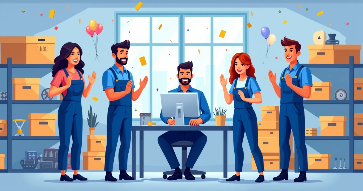 Equipe de assistência técnica comemorando melhora no controle de peças 