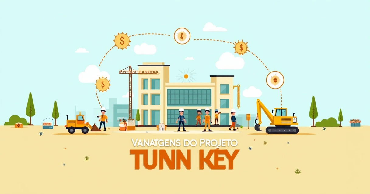 Ilustração de um projeto Turn Key com trabalhadores felizes ao redor de um edifício moderno em um dia ensolarado.