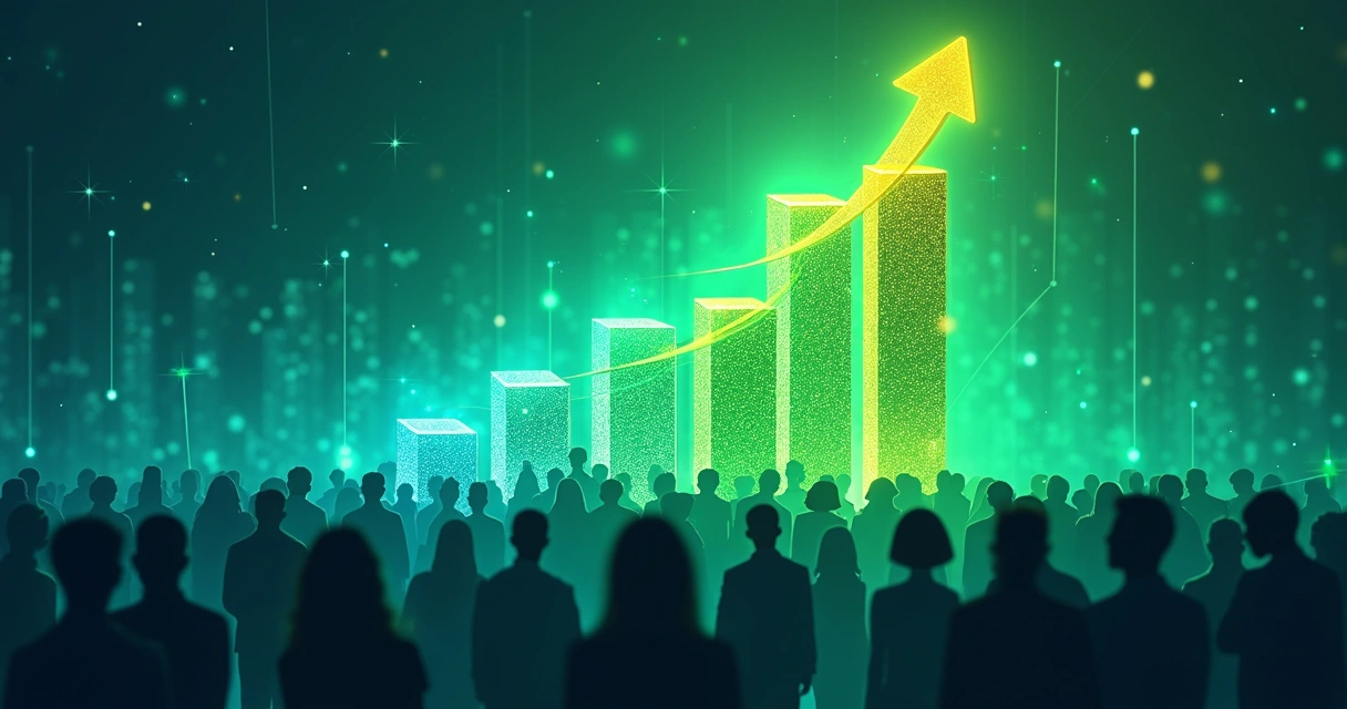 Ilustração de gráfico subindo com pessoas ao redor representando crescimento