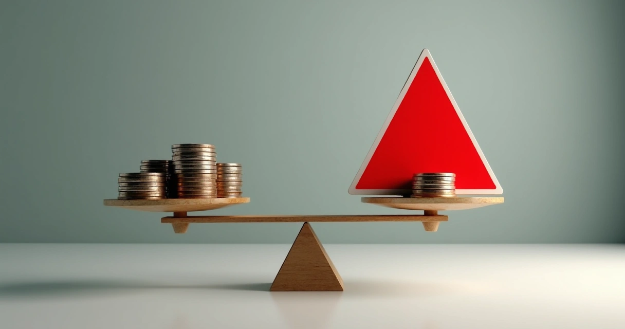 Balança com moedas em um prato e sinal de alerta vermelho em outro 