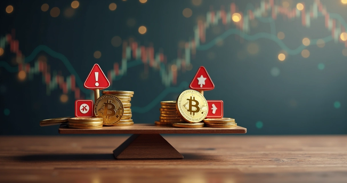 Balança com símbolos de vantagem e risco, e moedas de bitcoin 