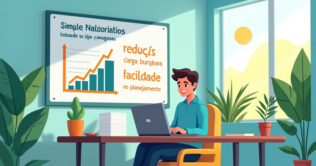 Ambiente de escritório vibrante com empreendedor analisando gráficos e infográfico sobre Simples Nacional.