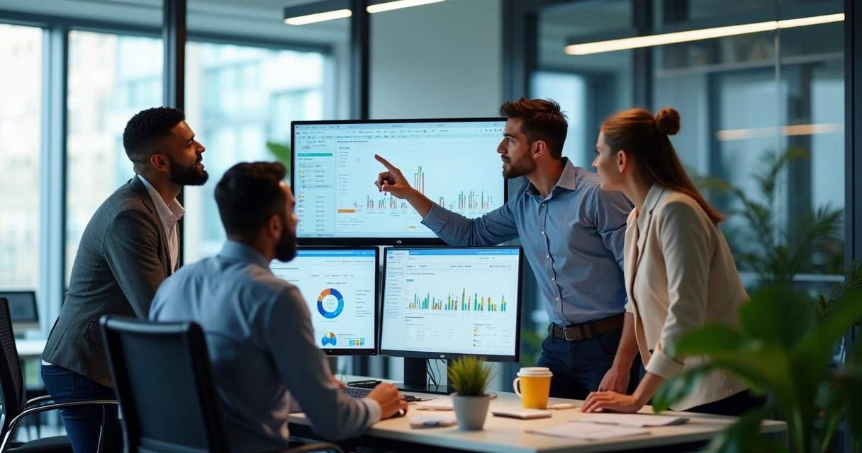 Equipe financeira em escritório digital analisando dashboard financeiro em telas grandes 