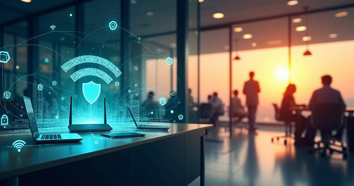 Ilustração do Wi-Fi 6.0 mostrando dispositivos conectados e segurança aprimorada em um escritório moderno.