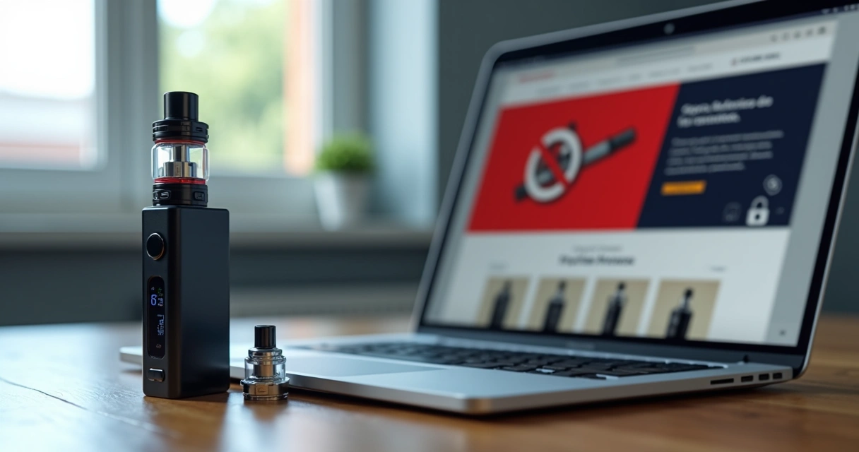 Vape desmontado ao lado de notebook exibindo loja virtual com alerta de proibição 