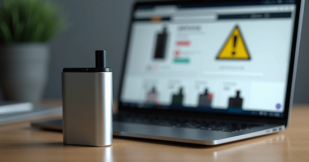 Vape apoiado sobre teclado de notebook com aviso de atenção na tela 