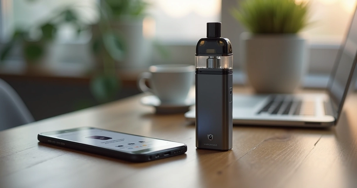 Cigarro eletrônico Vaporesso apoiado ao lado de smartphone mostrando loja virtual 