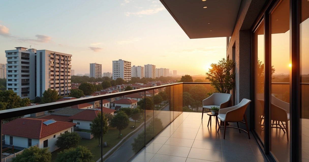 Varanda de apartamento em Contagem com vista para prédios e casas ao entardecer 