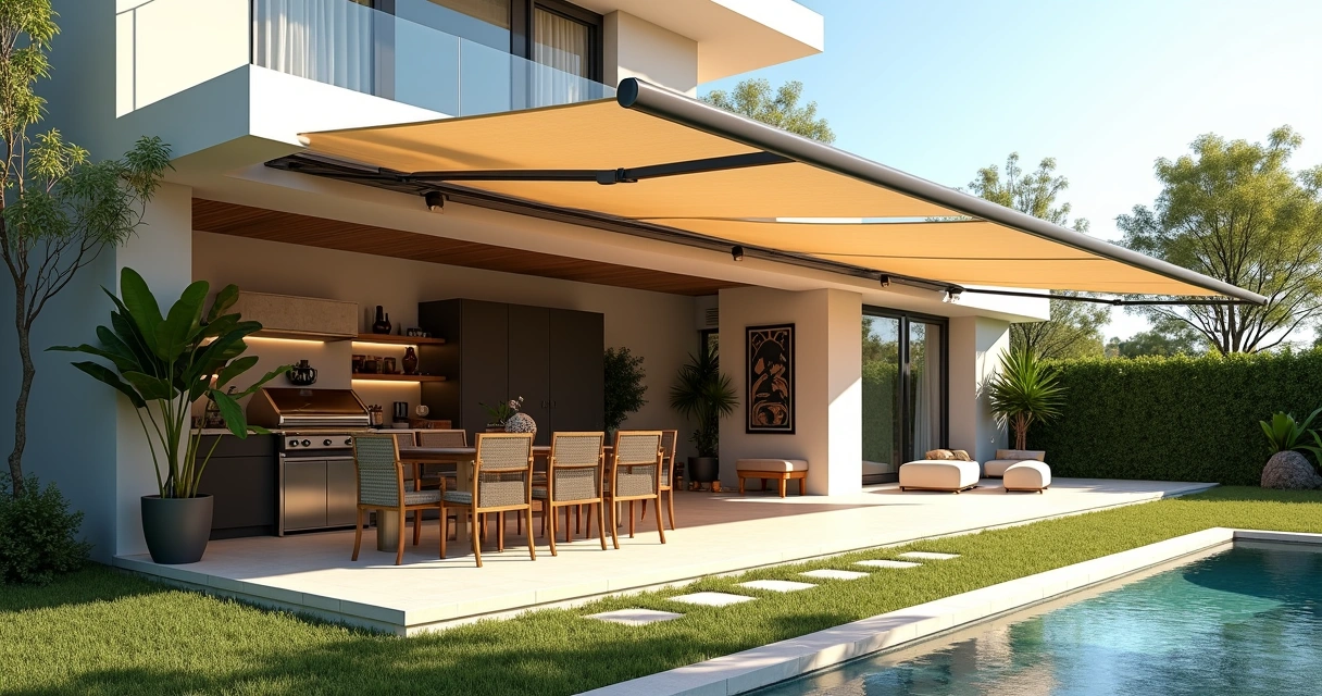 Varanda gourmet ampla com metragem do toldo moderno retrátil aberto 