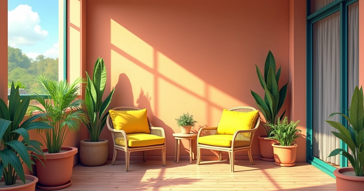 Varanda colorida com poltronas Acapulco e plantas 