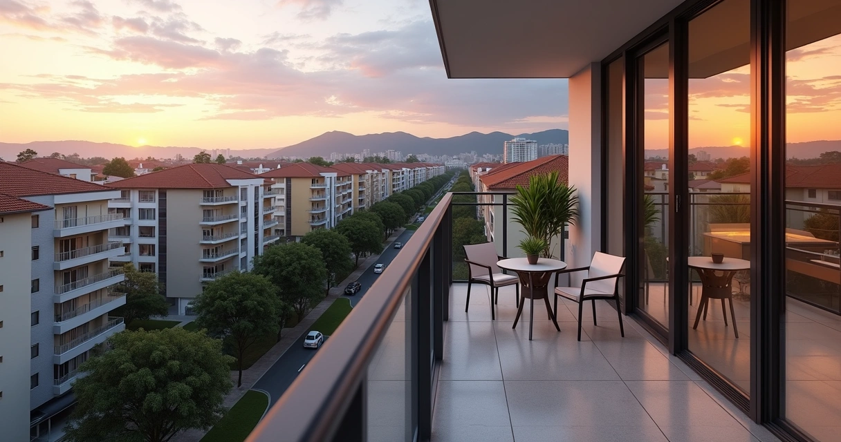 Varanda de apartamento moderno em Contagem com vista para prédios e casas ao entardecer 