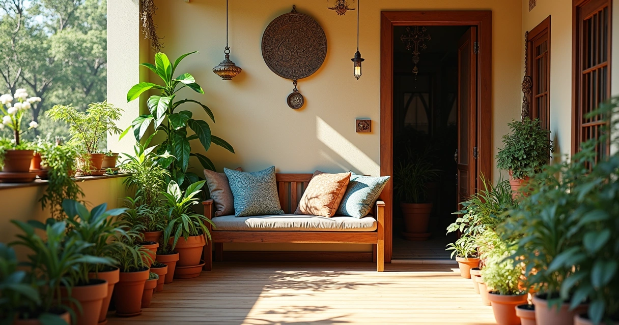 Vasos de plantas mágicas em varanda pequena com decoração natural