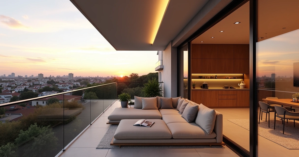 Varanda ampla de apartamento de alto padrão com vista urbana ao entardecer 