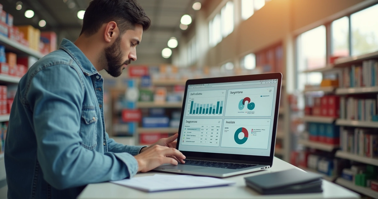 Varejista consultando relatório fiscal em notebook