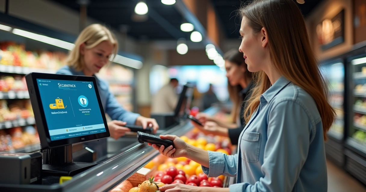 Operador de caixa em supermercado aplicando desconto promocional com Scanntech 