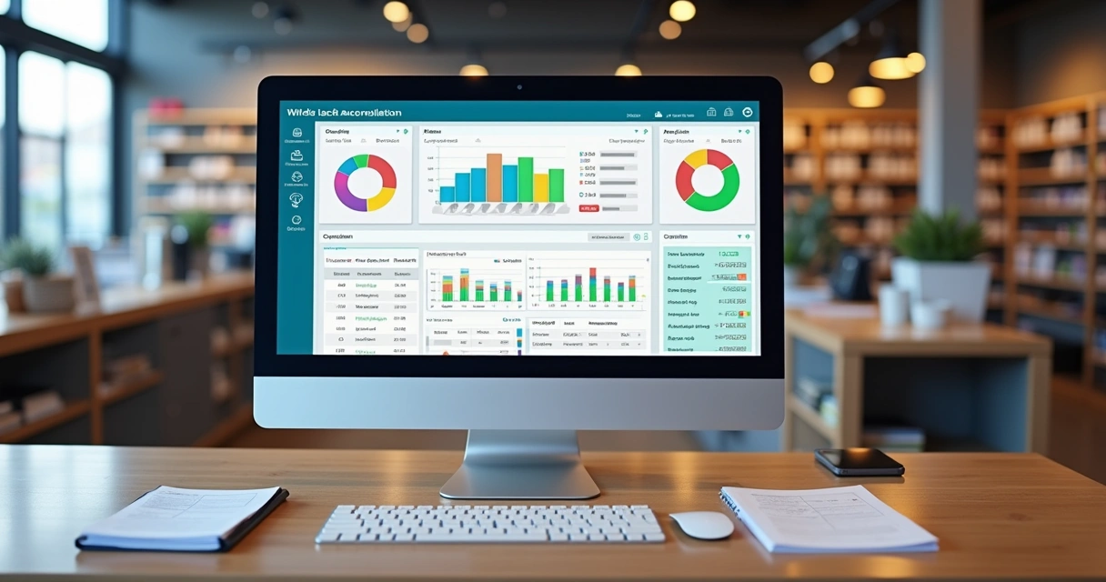 Tela de computador com sistema ERP exibindo conciliação bancária automatizada 