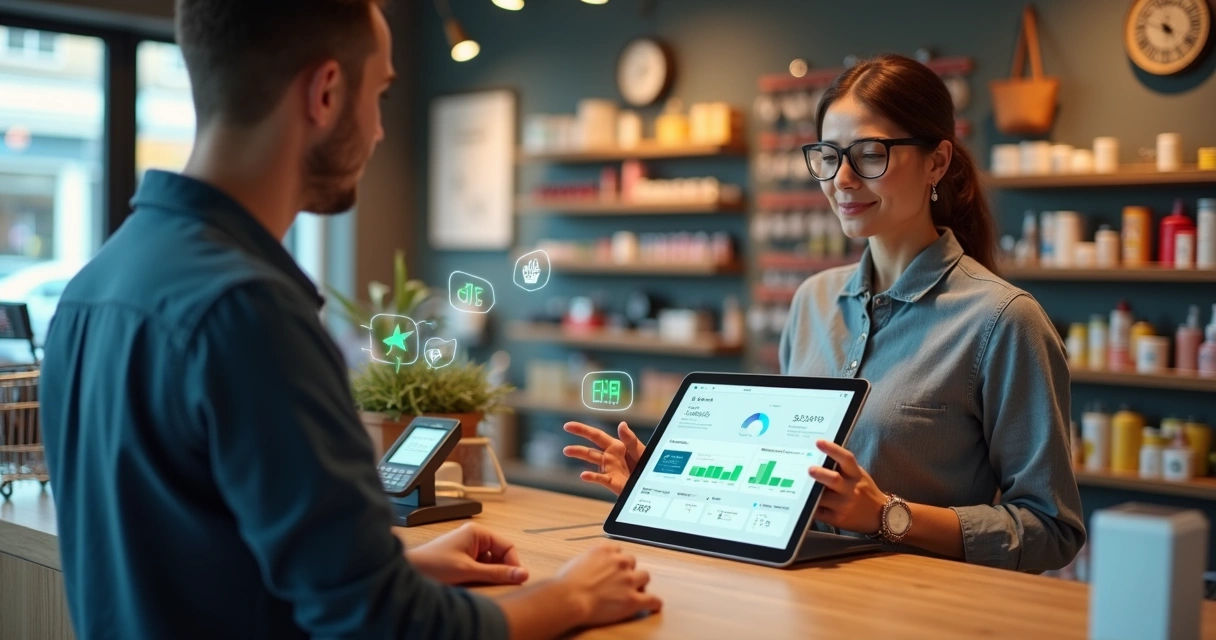 Varejista em loja movimentada usando ERP no tablet no balcão de pagamento 