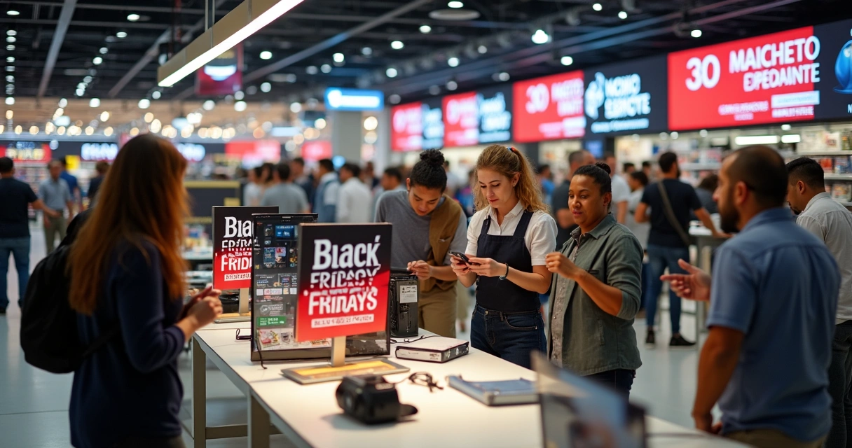 Varejistas organizando produtos em loja com cartazes de promoções de Black Friday e clientes observando 