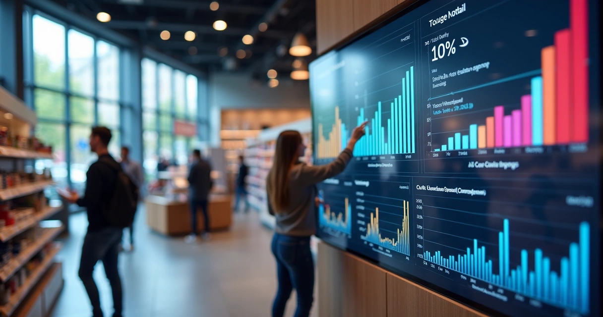 Painel digital com gráficos de desempenho e análise de dados em uma loja de varejo moderna 