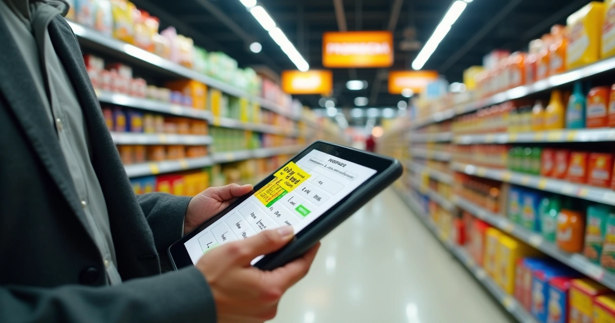 Corredor de supermercado com produtos em promoção destacados em amarelo 