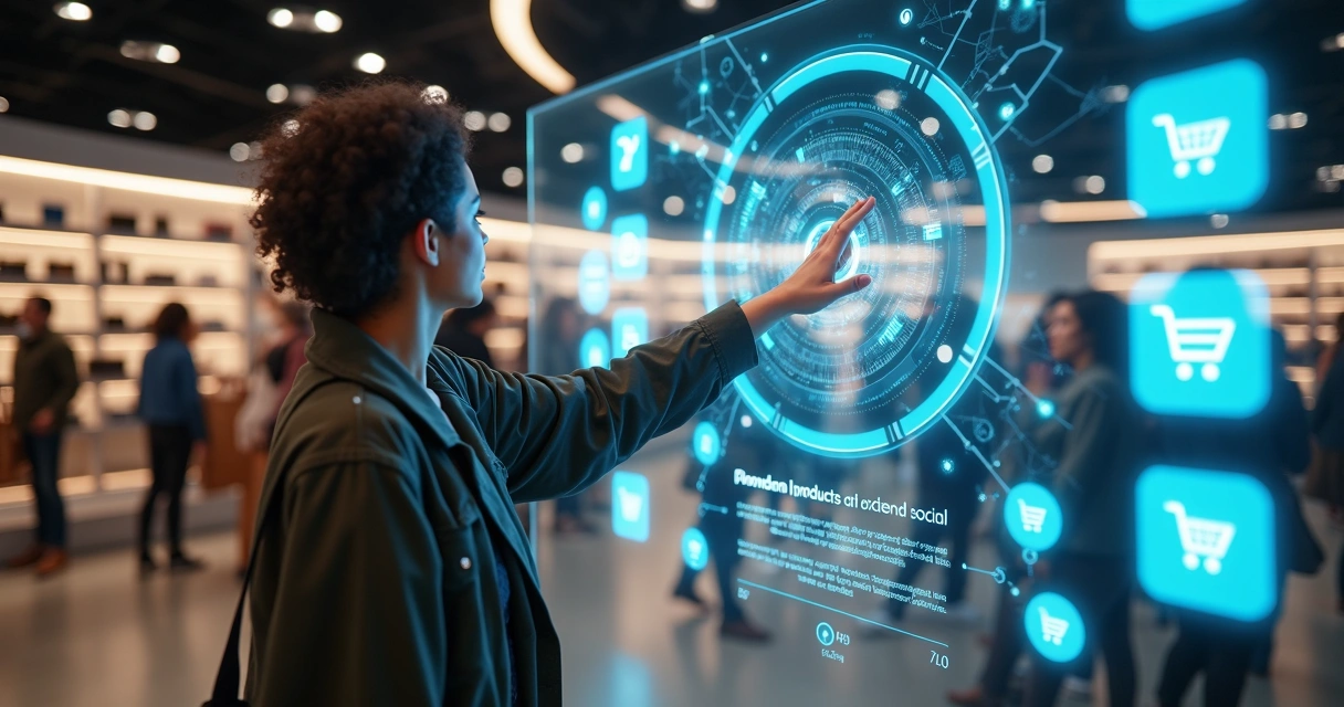 Loja física moderna com elementos digitais, tela interativa mostrando interação de IA e social commerce 