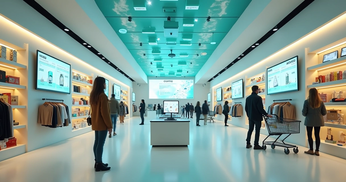 Loja moderna com IA gerenciando estoques