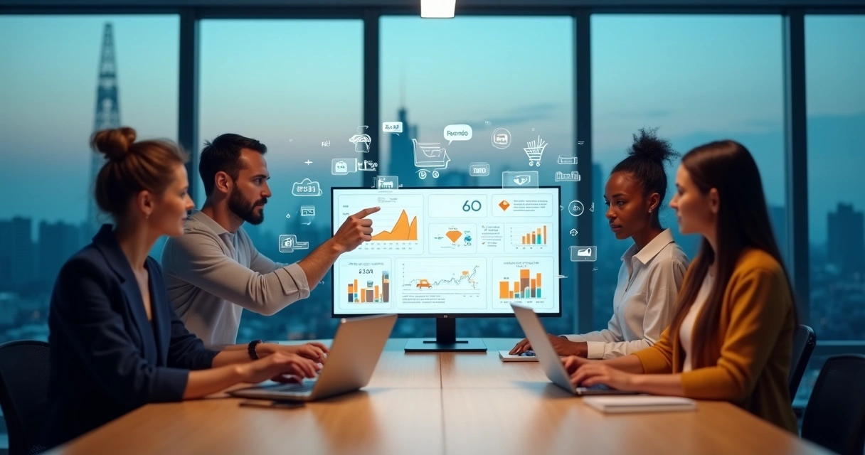 Equipe analisando painel de vendas digitais com gráficos e ícones de e-commerce 