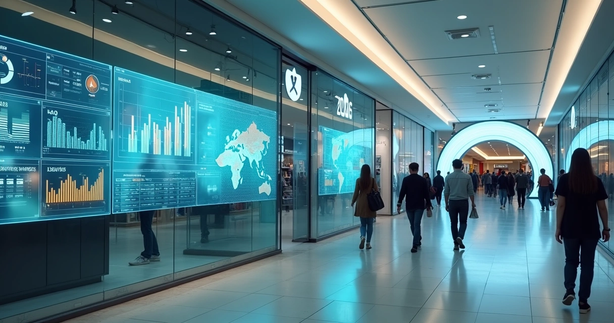 Corredor de shopping futurista com painéis digitais mostrando dados de vendas e estoque 