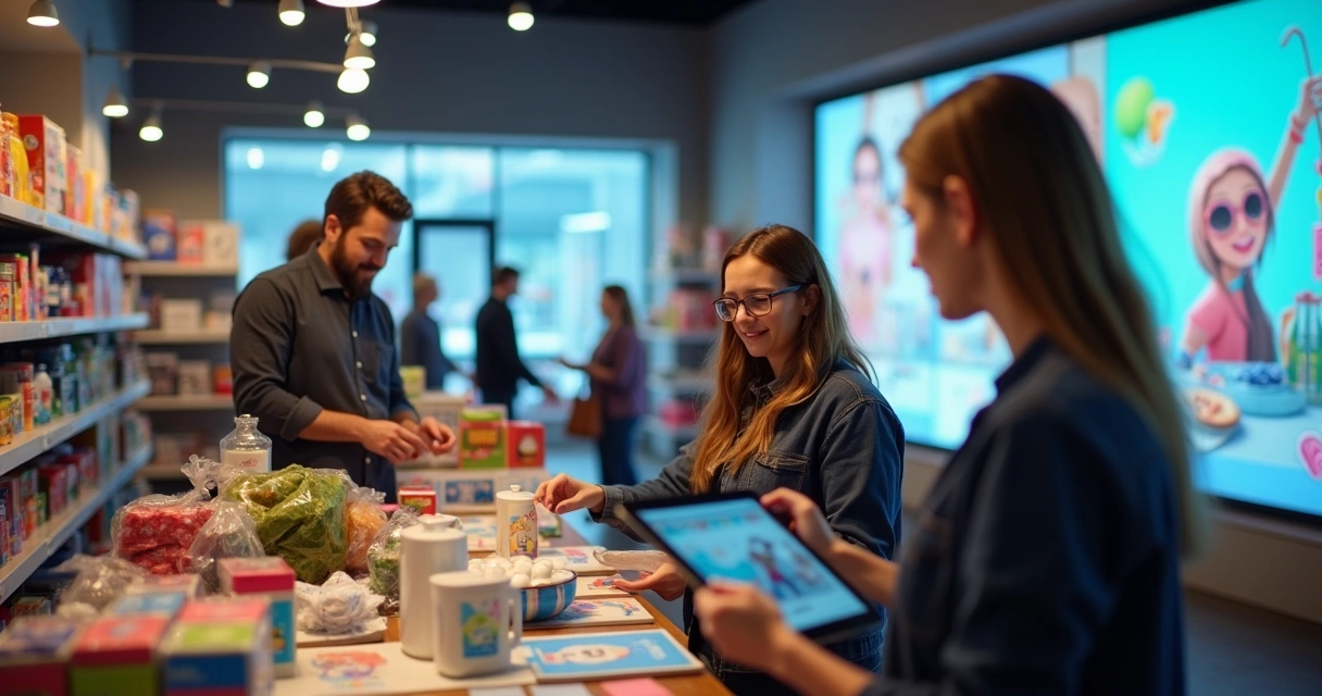 Equipe de loja organiza prateleiras enquanto gerente exibe tablet com gráficos. 