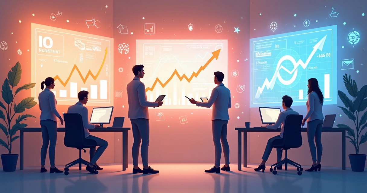 Equipe de ecommerce observando gráficos digitais subindo nas telas em loja virtual 