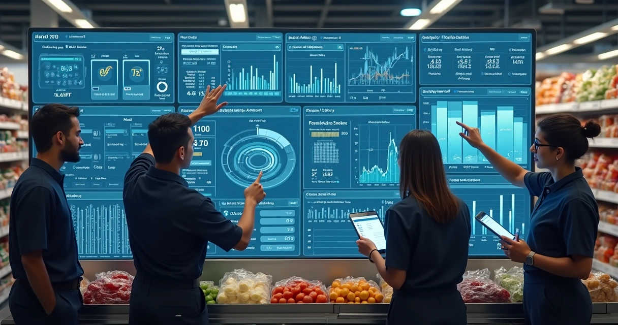 Tela de supermercado com funcionários analisando estoque e indicadores em painéis digitais 