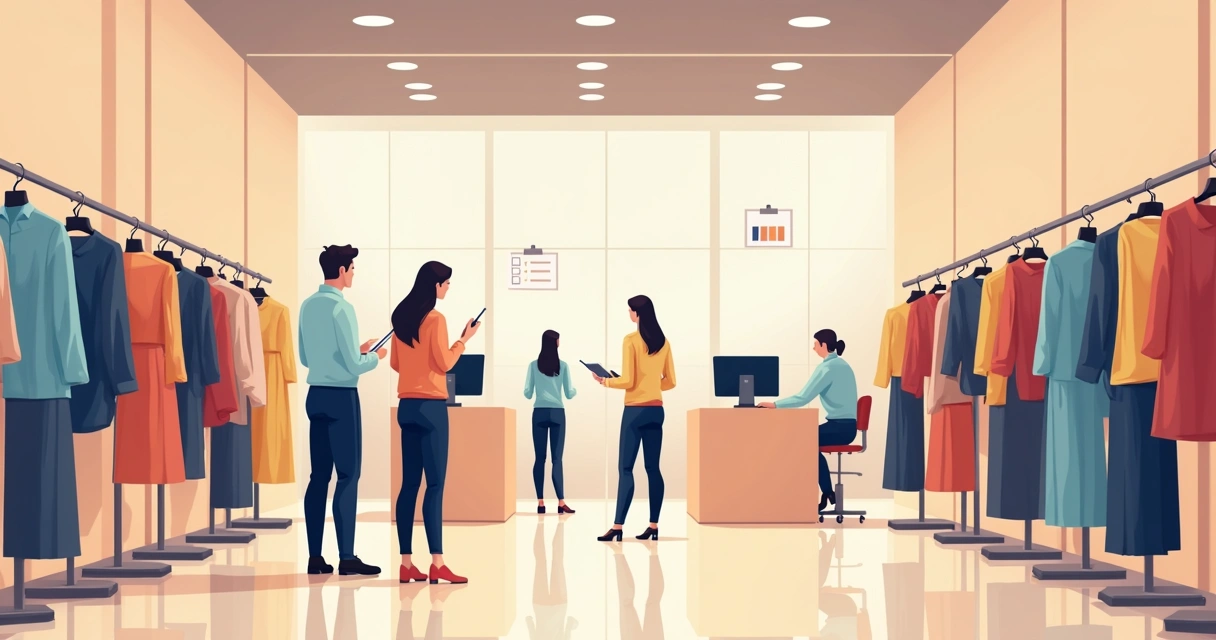 Balcão de loja de roupa com clientes e caixas registradoras com computadores, roupas em araras e manequins, ambiente limpo e organizado 