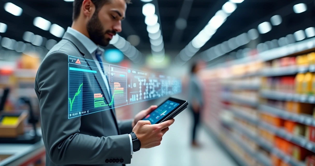 Gestor analisando perdas ocultas no PDV em painel com prateleiras de supermercado ao fundo 
