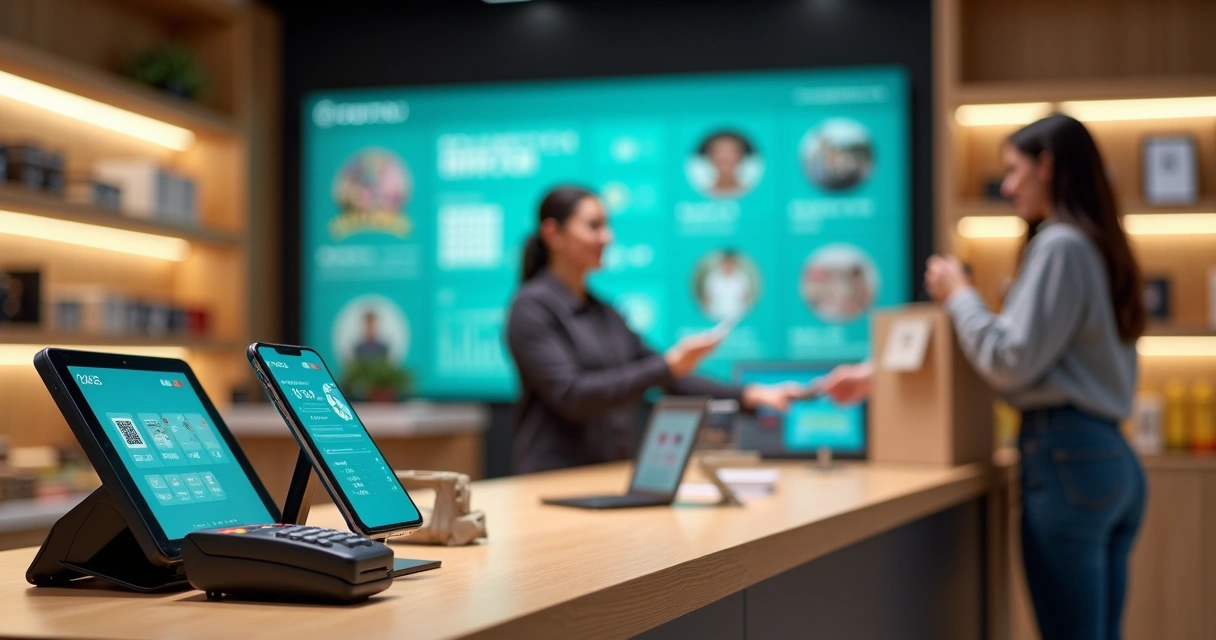 Loja física com painel digital mostrando vendas online e pagamentos por maquininha e celular 