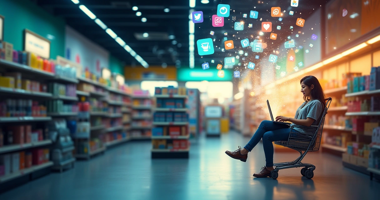 Interior de loja mostrando prateleiras vazias à esquerda e experiência de compras online vibrante à direita.