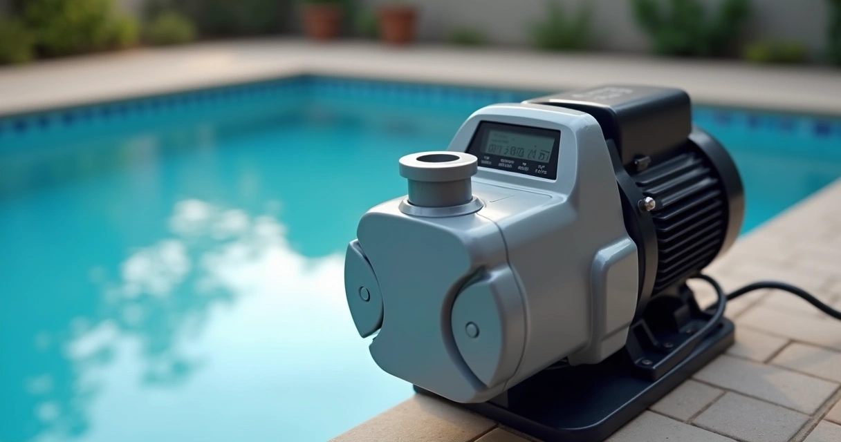 Variable speed pool pump digital control beside a backyard pool 