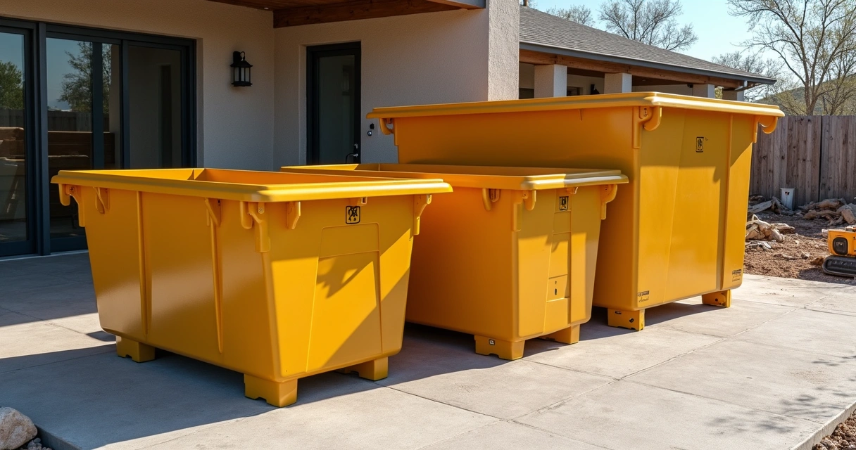 Três caçambas de tamanhos diferentes alinhadas em um pátio 