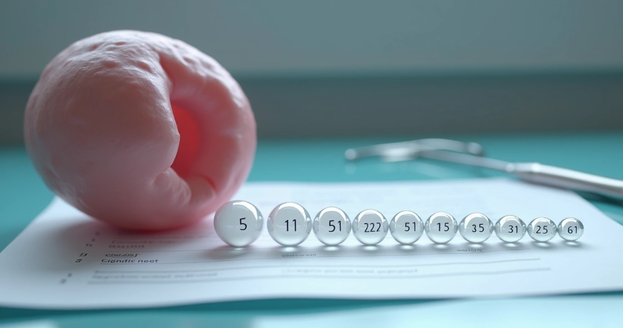 Esferas do orquidômetro dispostas ao lado de um testículo adulto masculino