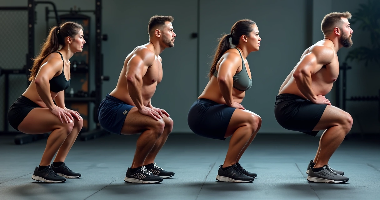Quatro variações do agachamento sendo executadas lado a lado 