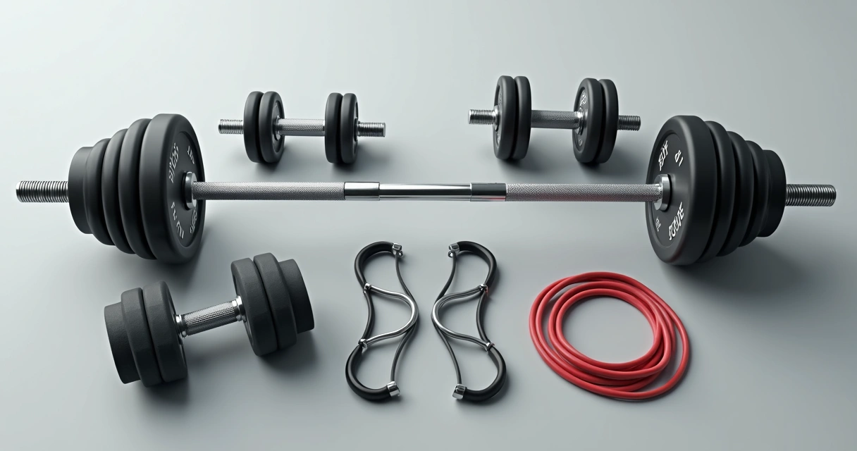 Diferentes equipamentos para elevação frontal como barra, halteres e elásticos
