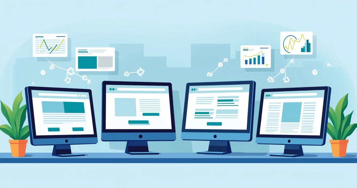 Quatro versões de landing page lado a lado com gráficos de conversão 