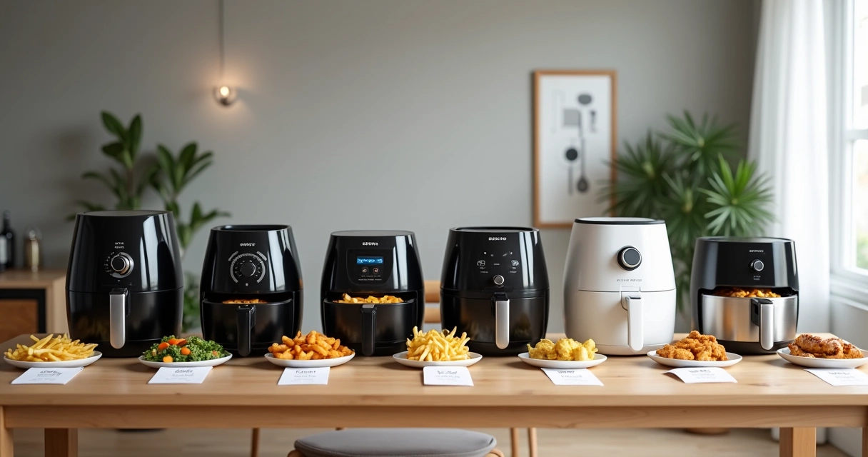 Diferentes modelos de air fryer alinhados em uma mesa de madeira clara 