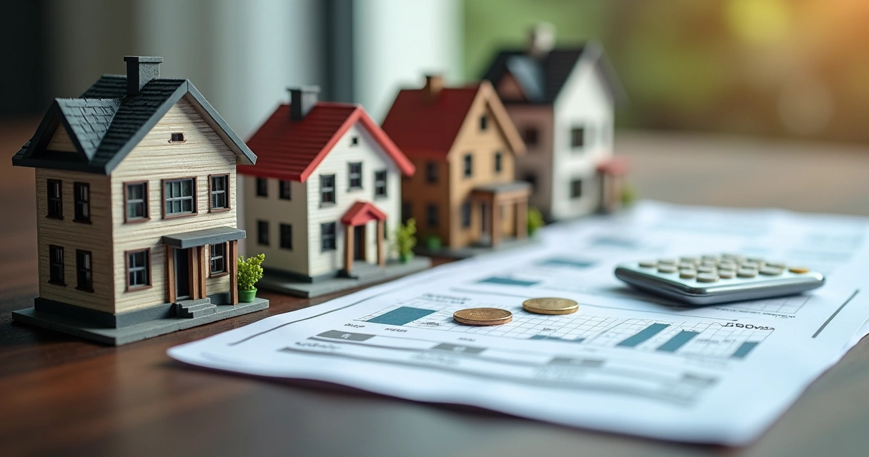 Diferentes opções de investimento imobiliário como casas, prédios e papéis 