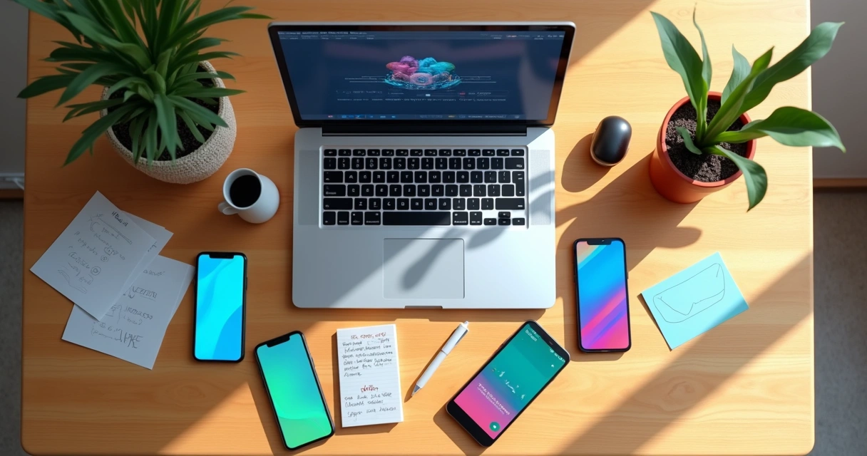 Varias apps móviles en escritorio junto a laptop no-code 